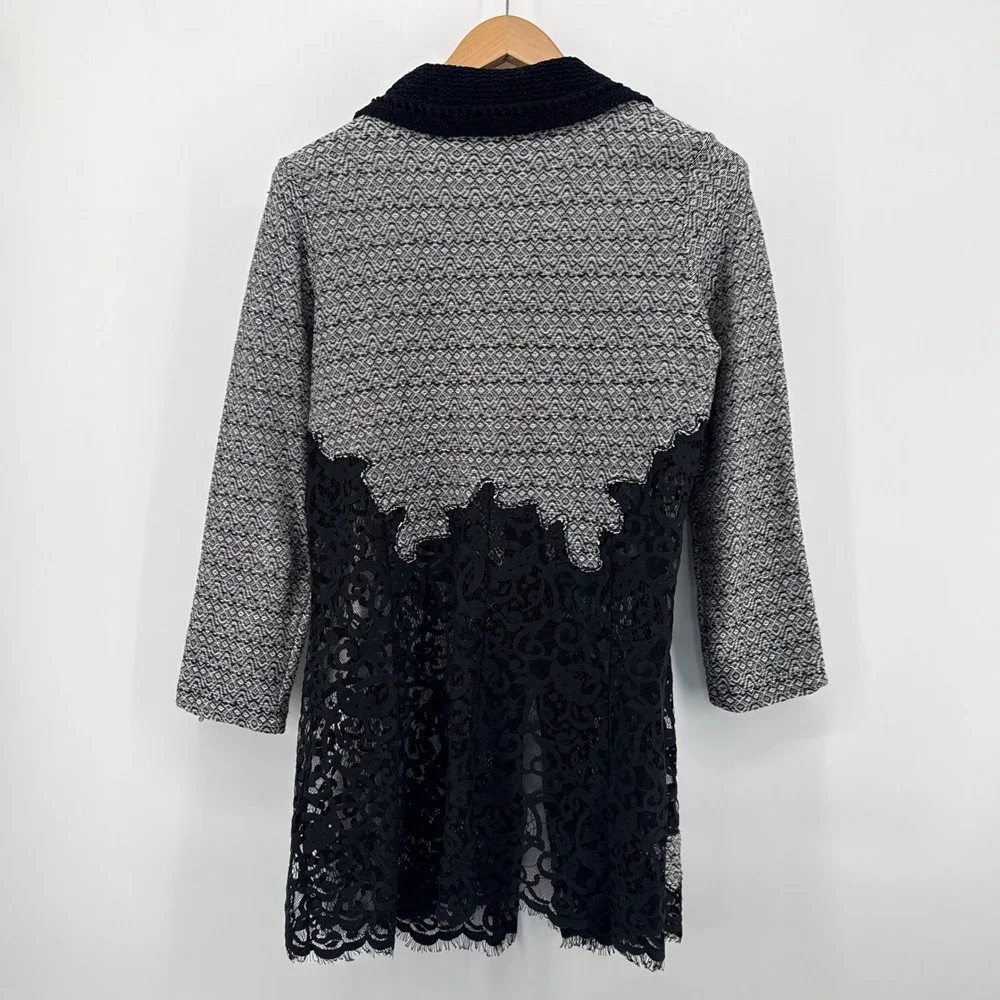 NIC+ZOE Womens Geometric Lace Trim Knit Jacket Cardigan Black White‎ Medium